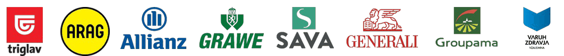 Logotipi zavarovalnih partnerjev Triglav, ARAG, Allianz, GRAWE, Sava, Generali, Groupama in Vzajemna